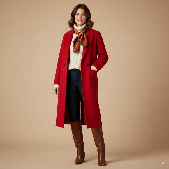 Zara Womens Red Wool Blend Double Breasted Long Coat XS Tailored Outerwear - Picture 1 of 7